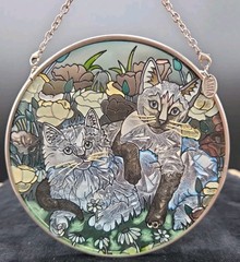 Vintage Amia Glass Suncatcher Kitty 2 Cats Butterfly Flowers Handpainted 4.5″