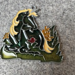 VTG Mystical Faux Lead Glass Enamel Horse Unicorn Pegasus Suncatcher Ornament