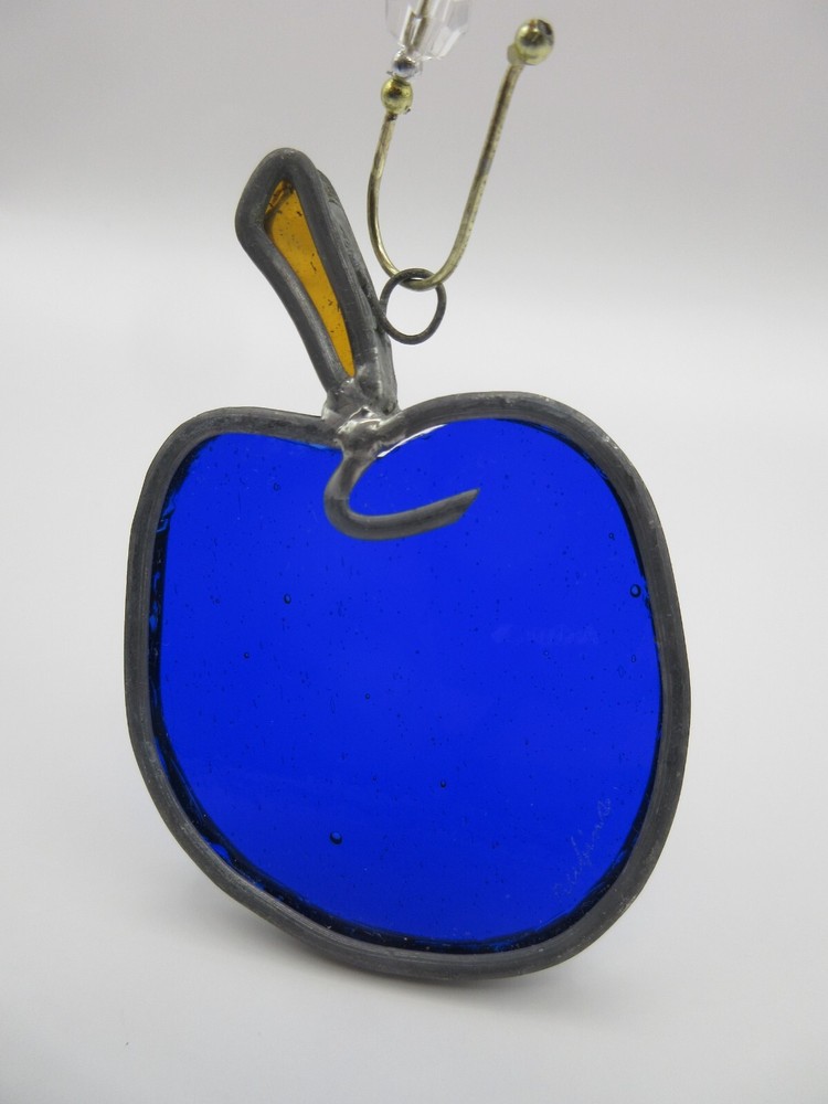 BLUE PLUM SIGNED by Artist Rubins Vtg Handmade Stained Glass Sun Catcher Window