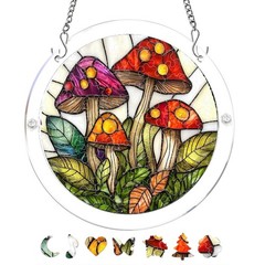 Simple Multi Size Spotted Mushroom Green Foliage Acrylic Puzzle Suncatcher Decor