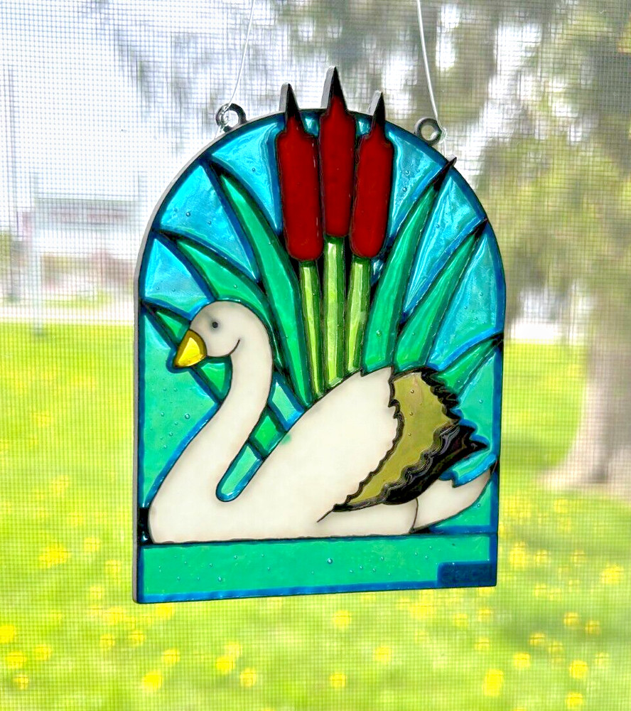 Vintage Sun Catcher-Stained Glass: Swan and Cattail