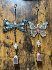 Stained Glass Dragonfly Butterfly W/Bell Sun Catcher Metal Set Of 2