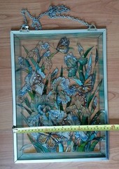 Vtg Hand Painted Glass Suncatcher Butterflies Bright Colors Denver.17.5″ x 11.5″