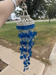 Coastal Hanging Mobile Seashell & Beaded Blue White Clear Silver Metal Decor