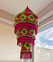 Tiered Fabric Chandelier Decorative Boho Mobile Pink, Lime Green, Fringe Decor