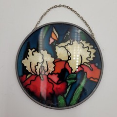 Stained Glass Red & White Poppies Round Blue Green Sun Catcher Round 4.5″