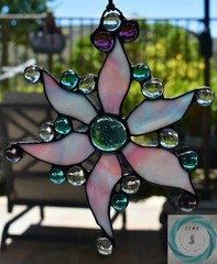 Pink & Blue Flower with Glass Nuggets – Stained Glass Window Charm – Window Deco