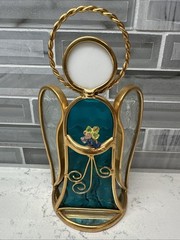VTG Stained Gold/Teal Glass Angel Sun Catcher Holding Flowers Free Standing EUC!