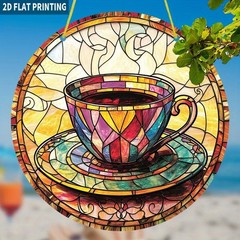 Cozy Coffee Cup Scene Acrylic Sun Catcher Patio Corridor Hanging Decoration