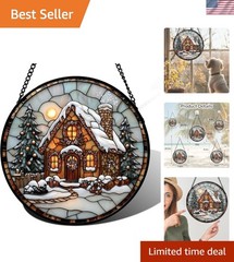 Timeless Stained Glass Window Hanging – Snowy Night Suncatcher 9.8 in Gift Idea