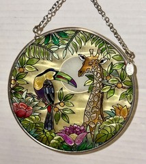 Giraffe & Toucan 4.5” Round Suncatcher AMIA Studios Fine Art Hand-Painted Glass