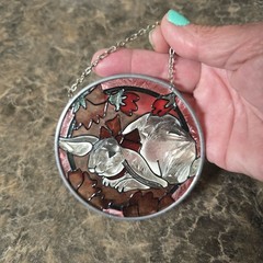 Leaded Stained Glass Suncatcher Depicting A Rabbit with A Bow Vintage