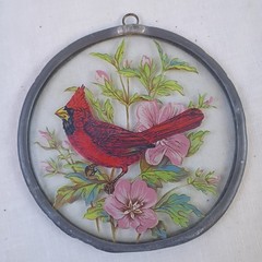 Vintage Round Stained Glass Cardinal and Flowers Window Hanging Suncatcher