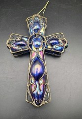 Vintage Suncatcher Cross, Wire Wrap w/Blue Rainbow Color Blown Glass