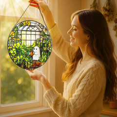 8” Halloween Ghost Greenhouse Sun Catcher Ornament, Stained Glass Window Hangin
