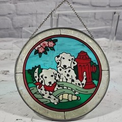 Puppy Dog Stained Glass Suncatcher Dalmatian Puppies Fire Hydrant 6″ Round