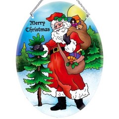 Merry Christmas Vintage Santa Art Glass Suncatcher 9″ x 6.5″ Joan Baker Designs
