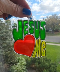 Vintage Acrylic Plastic Jesus Loves Me Sun Catcher Faux Stained Glass Groovy