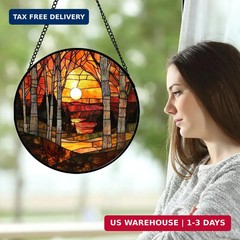 Stained Glass Window Hanging, Orange Red Landscape Forest Lake Moon Suncatcher f