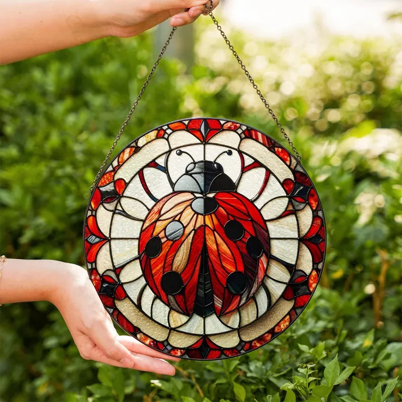 Red Ladybug Stained Glass Suncatcher Window Hanging Decor Lucky Insect Art