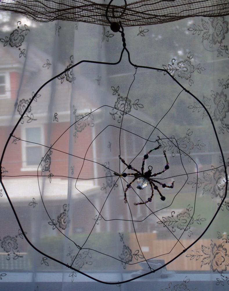 Halloween Suncatcher Decoration Spider in Web Handmade 11″ Diameter
