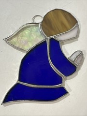 Praying Angel Suncatcher Stained Slag Glass Child Handcrafted 4″ Brown Hair Blue