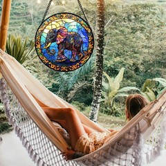 Stained Glass Blue Elephant Suncatcher for Home Decor and Gifts 7.8 in