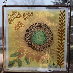 Vintage Sunflower Window Hanging Sun Catcher Art Wall Hanging Butterflies 7”