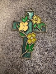 Vintage Cross With Flowers Floral Stained Glass Look Acrylic Suncatcher 4″