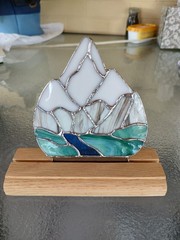 Stained Glass Mountain Scene With Oak Stand