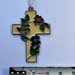 Vintage Sun Catcher Stained Glass Ornament Green Yellow Red Rose Adorned Cross