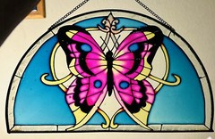 Vintage Large 12” x 7” butterfly Half Circle Stained Glass Window Catcher WOW!￼