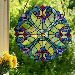 Stained Glass Window Panel Colorful Blue HEARTS Hanging Sun Catcher Home Decor