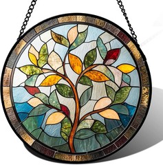 Stained Glass Window Hanging Colorful Tree of Life 7.8″ – Plant Leaves Suncatche