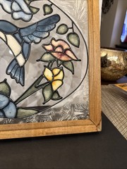 Hummingbirds With Floral Painted Stained Glass Window Art Piece 25.25” X 13.5”
