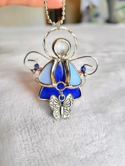 Stained Glass Angel Suncatcher Blue Wings Butterfly Charm Hanging Ornament 3.5