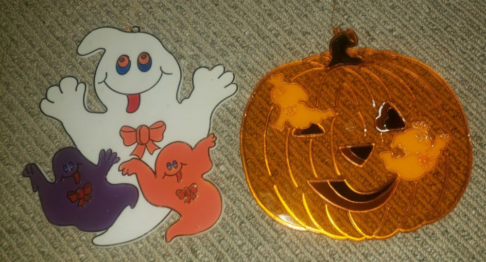 Vintage Halloween Plastic Window Sun Catcher Dangler Pair Ghosts Pumpkin Jack