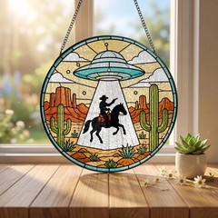 UFO Abduction Cowboy Stained Glass Suncatcher Sci Fi Western Art