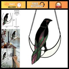 Gothic Stained Glass Crow & Moon Suncatcher – Halloween Window Decor, Handmade O