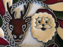 Vintage Stained Glass Santa And Reindeer Window Ornament Hanging Suncatcher LG