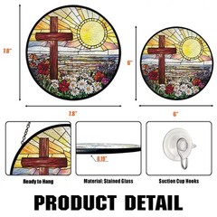 Christian Cross Stained Glass Suncatcher, Floral Sunrise Window Hanging