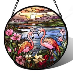 “Flamingo Wildflowers Stained Glass Suncatcher for Home Garden Decor 6.3 in”