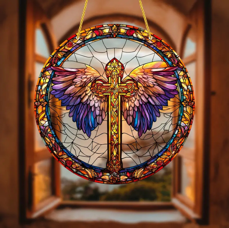 Large Wings of Faith Acrylic Suncatcher, Cross & Angel Wings, Stained Glass Look