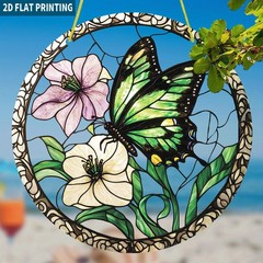 Green Butterfly Flowers Acrylic Suncatcher Whimsical Garden Boho Window Decor