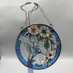 AMIA Hummingbird Flowers Glass Suncatcher Blue Round 4.5″ Window Hanging Decor