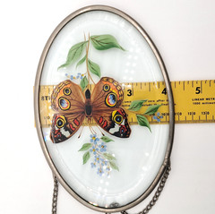 Vintage Lyford Reverse Painted Oval Beveled Glass Butterfly Flowers Suncatcher