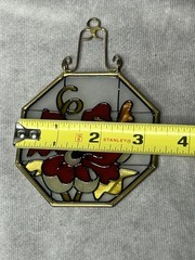 Vtg Octagon Glass Suncatcher Floral Butterfly Design 3 1/4″ Super Radiance Art