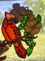 Vintage Cardinal Bird Suncatcher Stained Glass Style Floral Window Hanging Decor