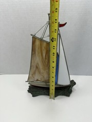 Vintage Stained Glass Boat 3D On Faux Driftwood Stand Sailboat Ship Decor