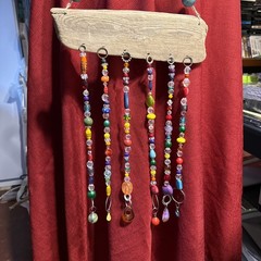 Artisan Made driftwood wall hanging Rainbow suncatcher beaded 11” x 23”
